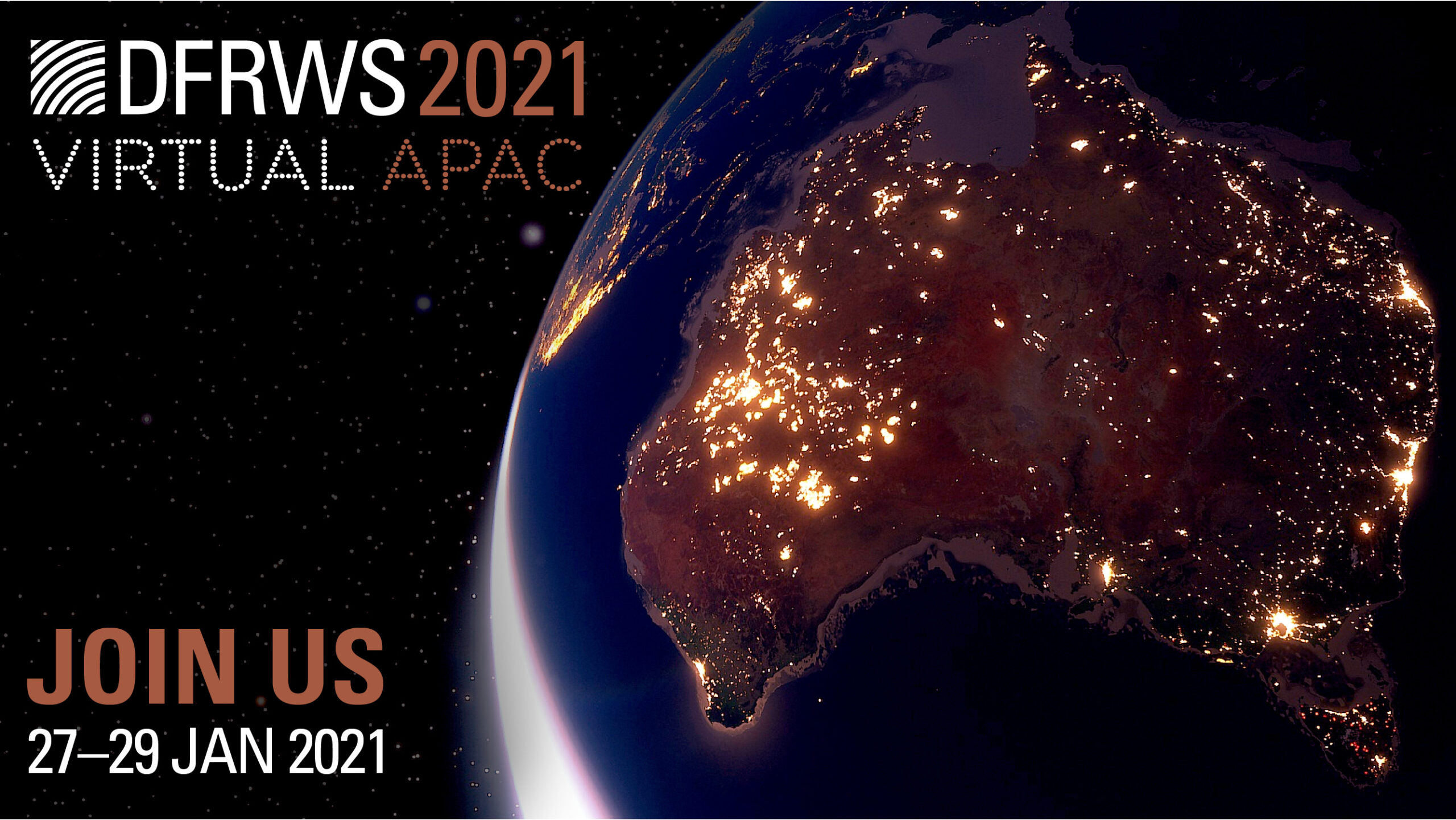 Image of a globe focused on Australia with the DFRWS APAC 2021 dates